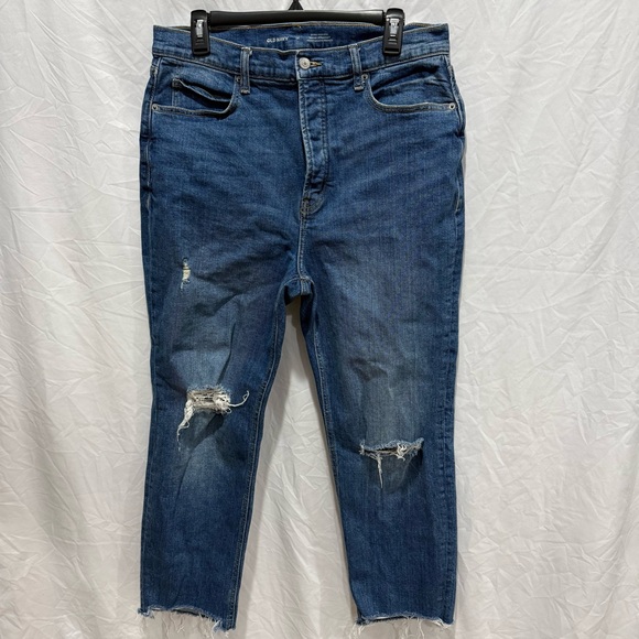 Old Navy Sky Hi Straight Distressed Jeans 14 Extra High Rise Dark Wash Raw Hem - Picture 1 of 9